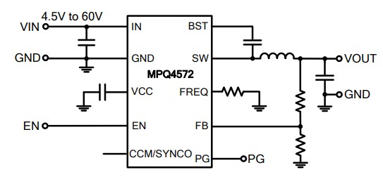 Application Circuit Diagram - Monolithic Power Systems (MPS) MPQ4572 Synchronous Buck Converters